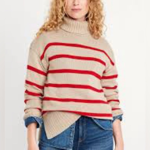 Old Navy Sweaters - Old Navy Turtleneck Tunic Sweater – Size Large | Tan & Red Stripe | 100% Cotton
